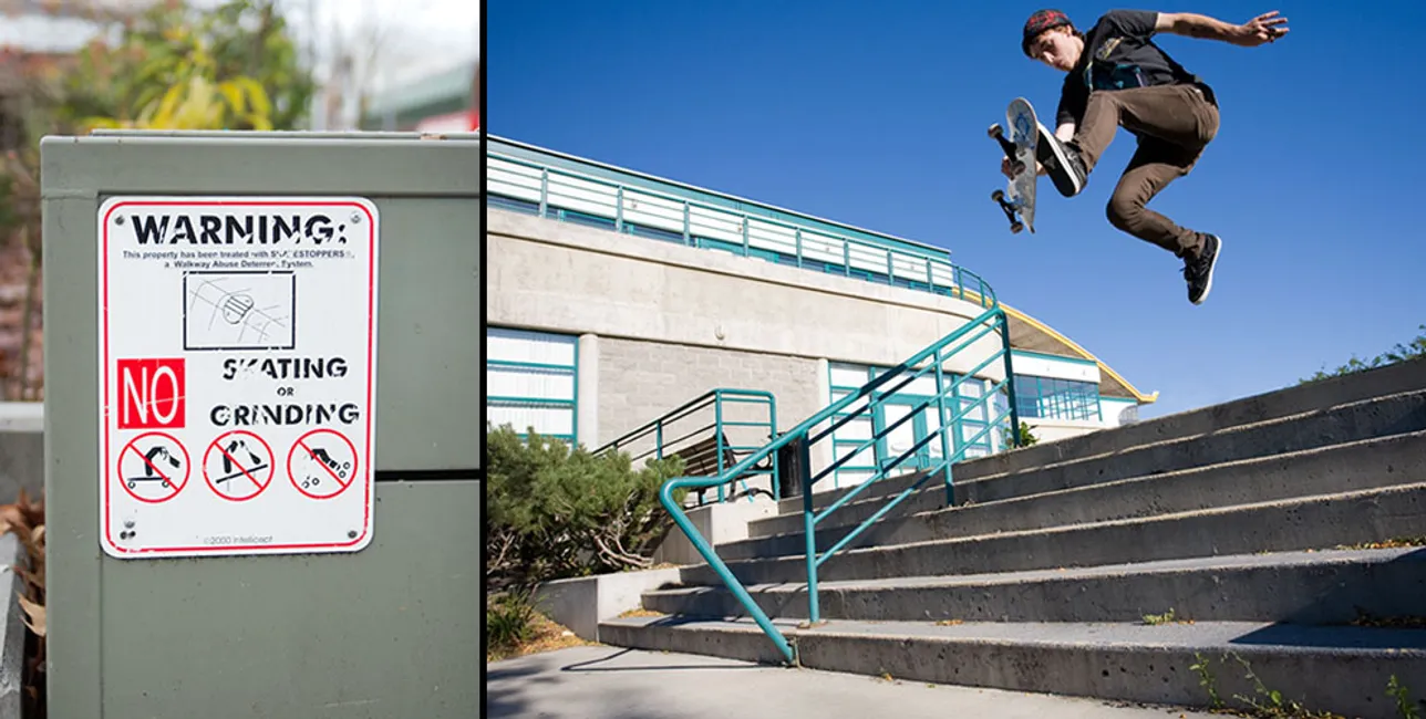 l: no skating or grinding / r: evan boneless